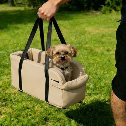 Waterproof Faux Leather Center Console Dog Car Seat, 2-in-1 Portable Puppy Carrier & Armrest Booster Seat for Small Dogs, Easy-to-Clean Tech Fabric, Sturdy Cushioned, Anti-Collapse Walls, Under 11 lbs