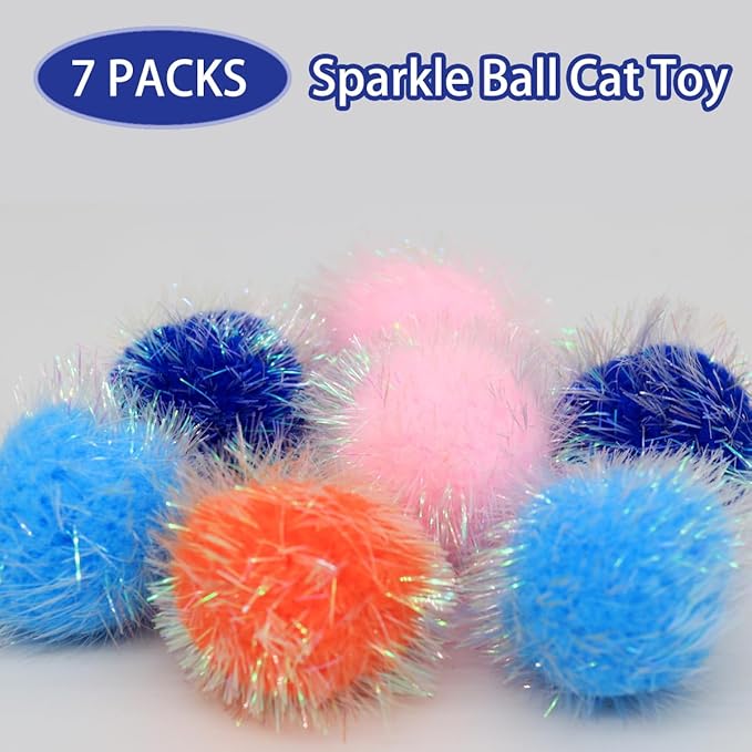 14-Pack Cat Toys Balls - No Bells Quiet Interactive Toys, Soft Pom Poms & Sparkle Balls for Kittens & Adult Cats, Safe for Batting Chasing (7 Sparkle Fuzzy Balls+ 7 Yarn Balls)