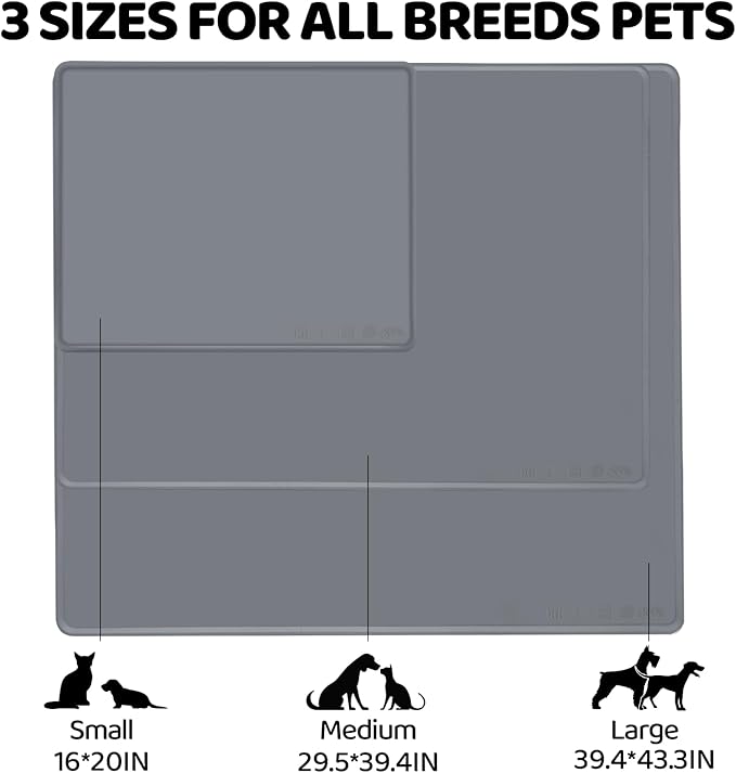Extra Extra Large Silicone Dog Food Mat 39.4×43.3in and 128oz Silicone Bag Set, Super Size Waterproof Pet Feeding Mat & Container, Non-Slip, Chew-Resistant Floor Protection (Cool Grey&Teal)