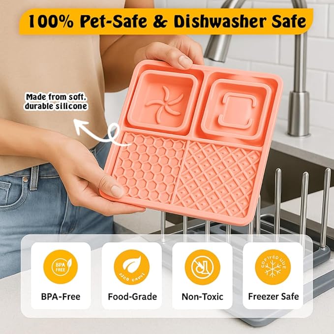 Cat & Dog Lick Mat with Suction Cups - 2-in-1 Silicone Lick Pad & Puzzle Feeder - Pet Food Mat for Anxiety Relief & Boredom - BPA-Free & Dishwasher Safe - Rose