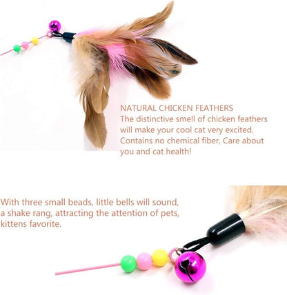 Cat Feather Toy, 5 Pack Interactive Pet Kitten Chaser Teaser Wire Wand with Bell Beads for Cat Exercise Play Fun Gifts - Wholesale
