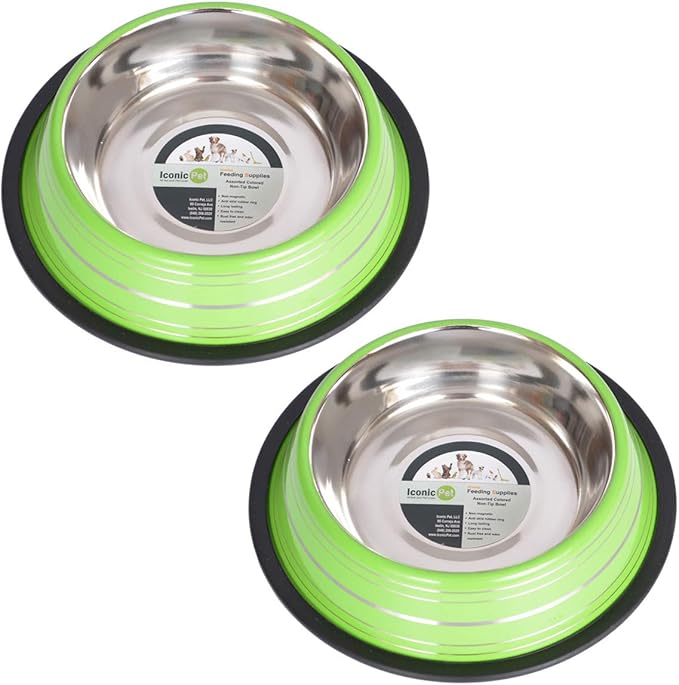 Iconic Pet 4 Cup/32 Oz Elegant Stainless Steel Color Splash Food/Water Bowl with Non Skid, Noise Free, Removable Rubber Ring - Dog/ Cat Feeding Bowl In color shade, Dishwasher Safe - Green, 2 Bowls