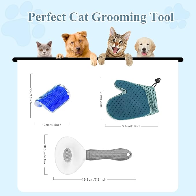 4-in-1 Pet Grooming Kit for Dog Brush, Self-Cleaning Slicker Cat Brush, Massage Grooming Glove and Cat Corner Scratcher, Effortlessly Remove Shedding Hair with Efficient Dog Brush