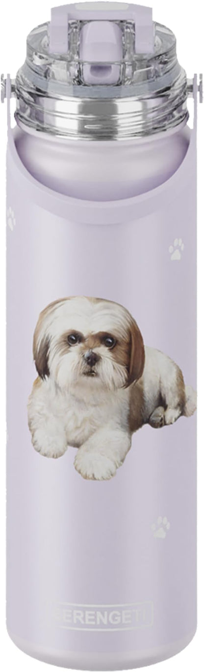 SERENGETI 24 Oz Water Bottle Stainless Steel with Spill Proof Lid - Double walled Vacuum Insulated water flask - Realistic 3D Print of your favorite dog (Shih Tzu)