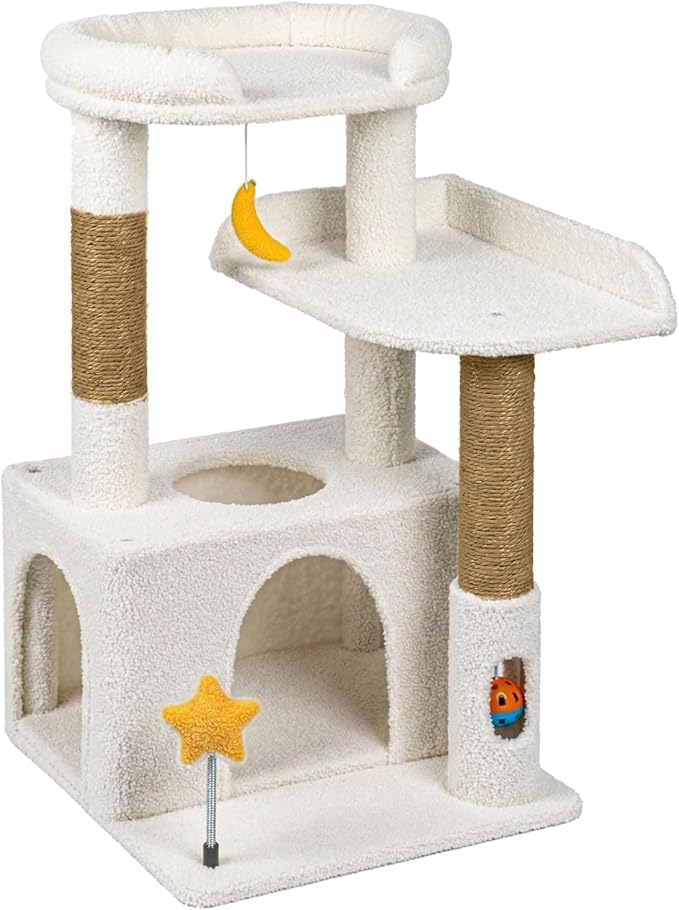 32In Cute Cat Tower for Indoor Cats with Cat Condo, Plush Platform, Hammock, Sisal Scratching Posts, Dangling Ball, Tall Cat Tree Tower with Self-Grooming Brush (Beige)
