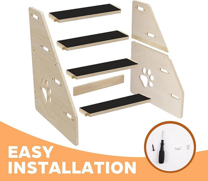 Dog Stairs Ramp, Wooden 4-Step Dog Ramp for Small/Medium/Older Dogs and Cats, Non-Slip Pet Ladder for High Beds, Sofas, Bay Windows