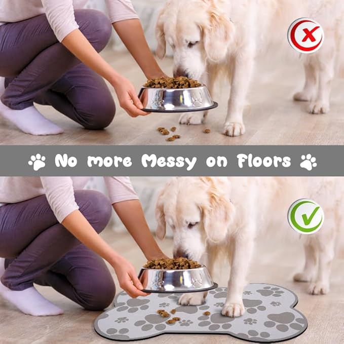 Dog Food Mats for Floors Waterproof, Pet Feeding Absorbent Water Bowl Mat Cat Placemats Gray Bone Shape 19 * 12 inch