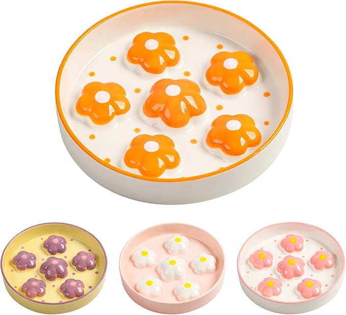 Ceramic Cat Slow Feeder Bowl - 6 OZ Puzzle Food Dish for Healthy Eating - Shallow Wide Whisker Friendly - Dishwasher Safe - 6.3''W x 1.2''H - 6 OZ - Bright Orange Flower