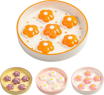 Ceramic Cat Slow Feeder Bowl - 6 OZ Puzzle Food Dish for Healthy Eating - Shallow Wide Whisker Friendly - Dishwasher Safe - 6.3''W x 1.2''H - 6 OZ - Bright Orange Flower