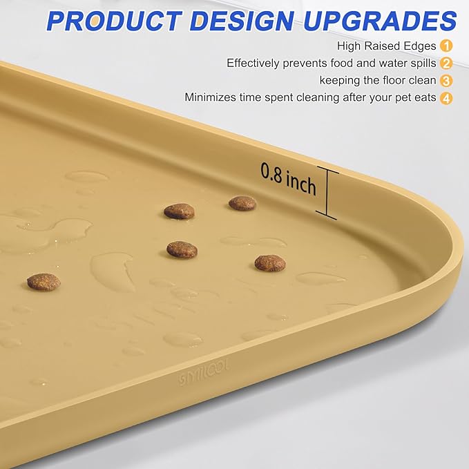 Silicone Pet Feeding Mat with Raised Edge for Food and Water, Dog Bowl Mats, Cat Bowls Placemat with High Lip for Floor Waterproof, Rubber Tray for Cats and Dogs 24 x 16 x0.8 Dark Beige