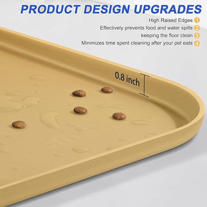 Silicone Pet Feeding Mat with Raised Edge for Food and Water, Dog Bowl Mats, Cat Bowls Placemat with High Lip for Floor Waterproof, Rubber Tray for Cats and Dogs 24 x 16 x0.8 Dark Beige