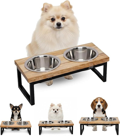 Elevated Dog Bowls, 4.5” Small Dogs/Cats Only Raised Bowl Mango Wood Stand, Food & Water 2 Stainless Steel Dishes Each 32oz/4Cup Capacity, Non-Slip Pet Feeder Station in Brown, toy Breeds
