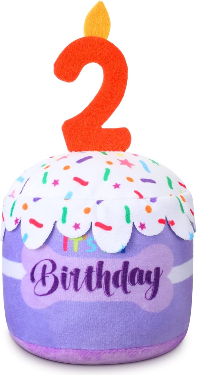 Dog 2nd Birthday Cake Toy Accessories for Girl Boy Gifts, Purple Squeaky Plush Toy for Dog Birthday Party Decor Favor for Large, Medium and Small Dogs
