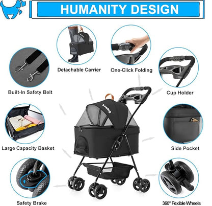 3-in-1 Pet Stroller for Small Dogs and Cats, Folding Lightweight Dog Stroller with Detachable Carrier Portable Cat Puppy Jogging Stroller with Cup Holder and Storage Basket, 4 Wheels