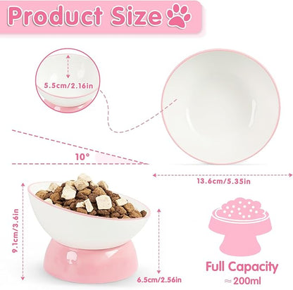 Cat Food Bowl, Ceramic Cat Bowls, Anti Whisker Fatigue Cats Bowl Set,Shallow Wide Kitten Plates for Food and Water (Pale Pink Xie)