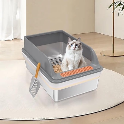 Stainless Steel Sifting Litter Box with Lid, XXL Extra Large Sifting Cat Litter Box for Pine Pellets & Big Cats,Metal Pellet Sifter Litter Pan System for Odor Control,Sifting Box Liners & Scoop