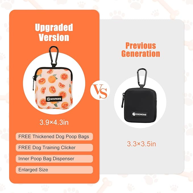 Dog Treat Pouch with Training Clicker,Waterproof Nylon Fabric Poop Bag Holders for Leashes,Hands Free Small Dog Walking Bag with Carabiner, Pet Puppy Training Walking Essentials(Grapefruit)