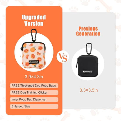 Dog Treat Pouch with Training Clicker,Waterproof Nylon Fabric Poop Bag Holders for Leashes,Hands Free Small Dog Walking Bag with Carabiner, Pet Puppy Training Walking Essentials(Grapefruit)