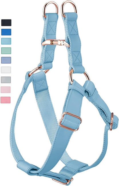 Soft Leather No Pull Dog Harness - Adjustable Step In Dog Harness with Rose Gold Heavy Duty Metal Buckle, Freedom Nylon Dog Halter Vests for Small Medium Large Dogs Easy Walking Training M, Light Blue