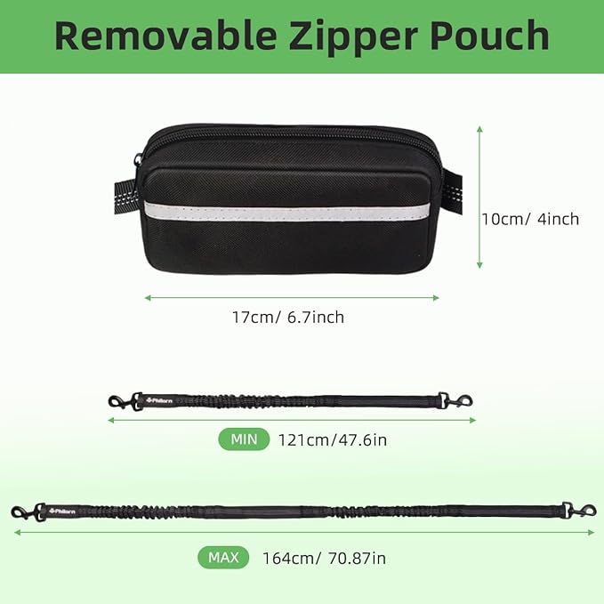 Philorn Hands Free Dog Leash with Pouch, Adjustable Waist Leash for Dog Walking, Running Leashes for Medium Large Dogs, Waist Dog Leashes with Dual Handles and Durable Bungee for Jogging Hiking