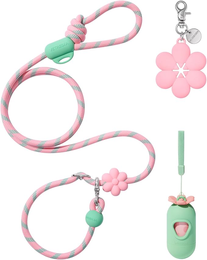 VETRESKA Hands-Free Dog Leash, 8FT Adjustable Rope Leash for Medium Large Dogs, Waist/Crossbody Slip Lead Leashes for Walking, No Pull Dog Leashes with Bag Dispenser, Clip, 3 in 1 Walk Kit (Flora)