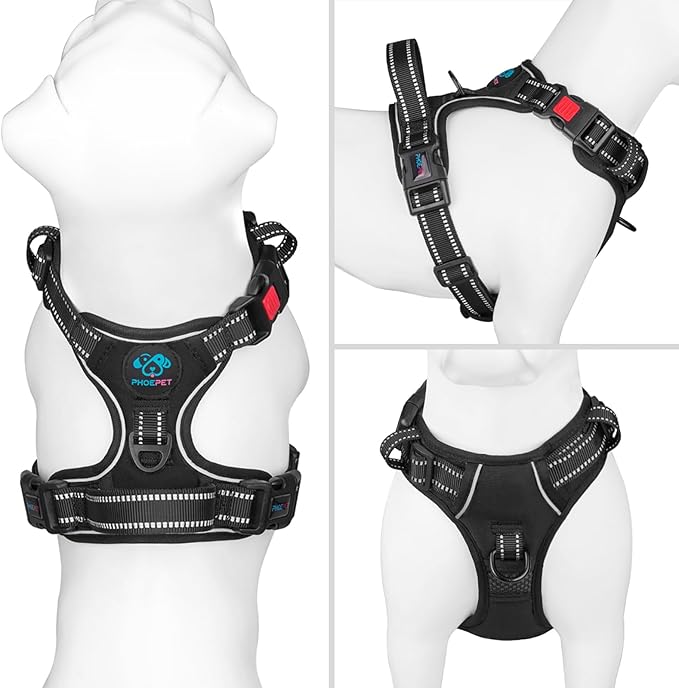 PHOEPET No Pull Dog Harness Medium Reflective Front Clip Vest with Handle,Adjustable 2 Metal Rings 3 Buckles,[Easy to Put on & Take Off](M, Black)