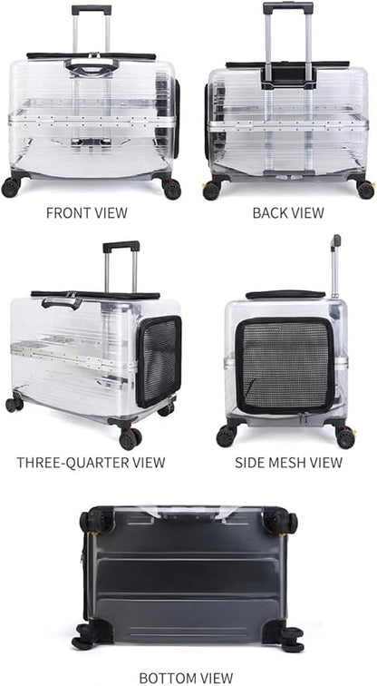 Large Capacity Transparent Pet Carrier with Wheels, Airline Approved Rolling Pet Travel Crate for Dogs & Cats, Portable Hard Shell Pet Luggage (Black)