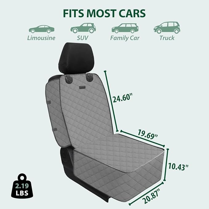FURHAB Dog Car Front Seat Cover with Side Flaps & Buckle Straps for Pet, 100% Waterproof 600D Oxford Single Seat Protector Heavy Duty Quilted Scratch Proof, Universal Size for SUV Truck, Grey