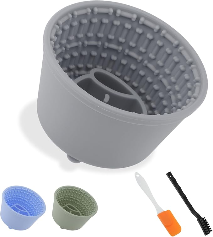 Slow Feeder Dog Bowls, Silicone Dog Lick Bowl with Brush & Scraper, Non-Slip Base Slow Feeder for Anxiety Alleviating & Oral Health, Gray Blue