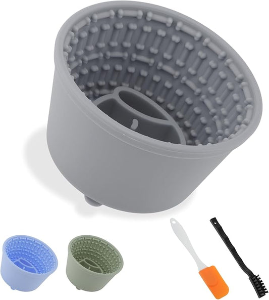 Slow Feeder Dog Bowls, Silicone Dog Lick Bowl with Brush & Scraper, Non-Slip Base Slow Feeder for Anxiety Alleviating & Oral Health, Gray Blue