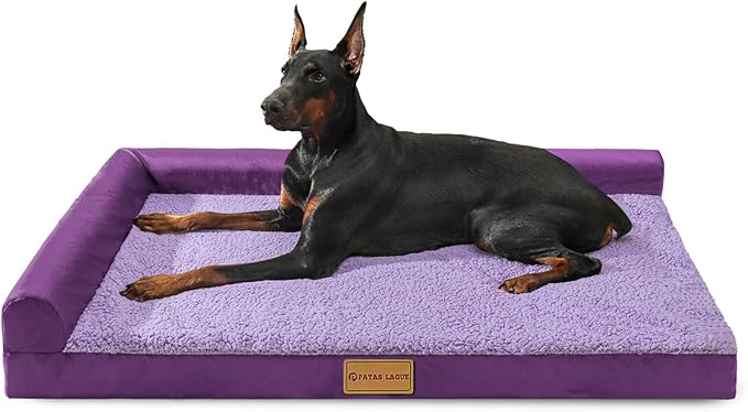 Patas Lague Orthopedic Jumbo Dog Bed for Extra Large Dogs 56''X40'', Waterproof L Bolster Pet Sofa Beds with Removable Washable Cover, Soft Comfortable Pet Couch Crate Mat with Nonskid Bottom, Purple