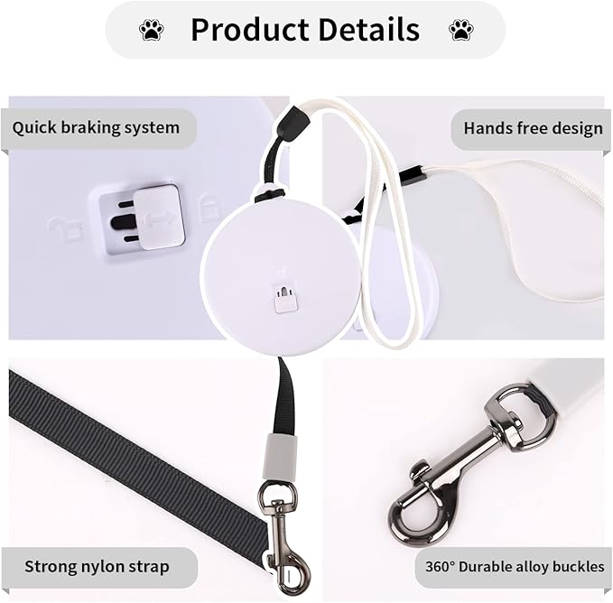 Retractable Dog Leash for Small and Medium Dogs up to 22lbs with 9.8ft Strong Nylon Tape, Hands Free, Portable and Lightweight Leash with Wrist Strap, One-Hand Brake, Tangle Free (White)
