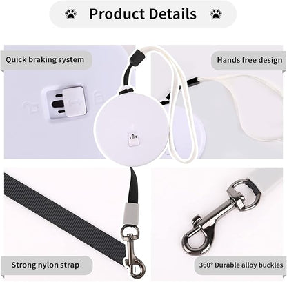 Retractable Dog Leash for Small and Medium Dogs up to 22lbs with 9.8ft Strong Nylon Tape, Hands Free, Portable and Lightweight Leash with Wrist Strap, One-Hand Brake, Tangle Free (White)