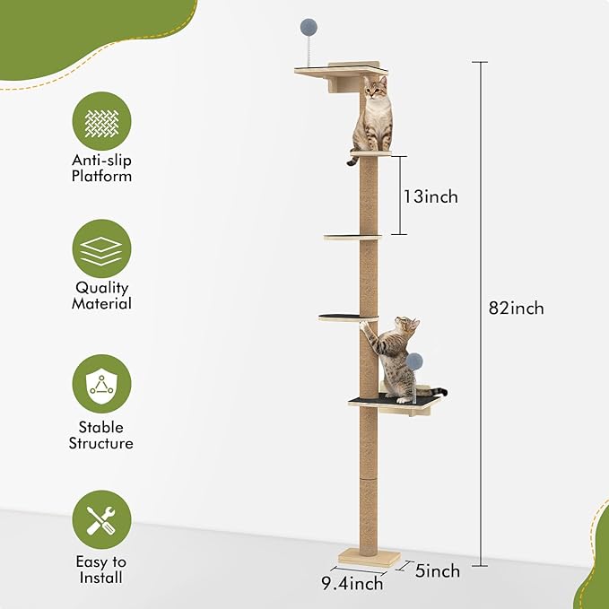 Tall Cat Tree Wall Mounted for Large Cats, 82 inch Scratching Post with Toys, Floor to Ceiling Cats Tower for Corner Area, Kitty Wall Shelf for Sleeping Playing Lounging Perching