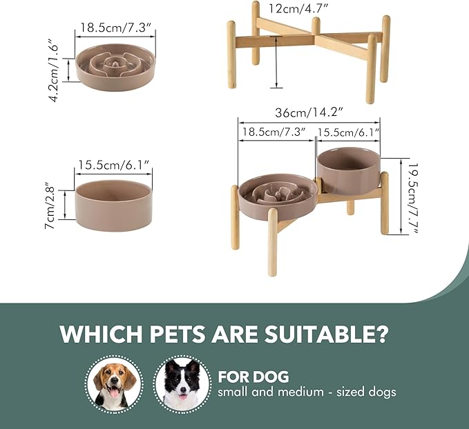 Ceramic 1.2 Cup Raised Slow Feeder Dog Bowl Set, Elevated 6.1inch Bowl and 7.3inch Puzzle Slow Food Dish with Wooden Stand for Medium and Small Dog, Anti-Gulping (2 x Brown Coffee+ Stand)