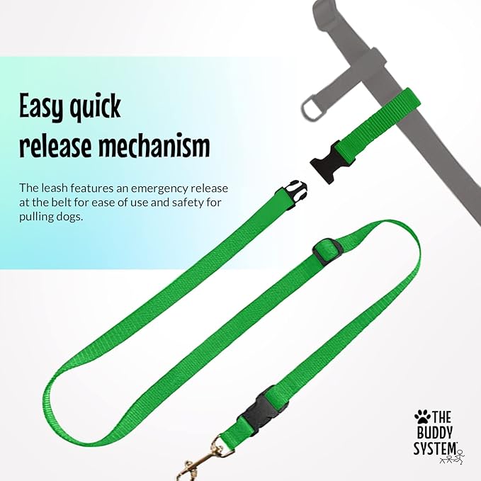 The Buddy System Hands Free Dog Leash, Adjustable Leash for Running, Jogging, Training and Service Dogs, Great for Small, Medium and Large Dogs, Made in USA (Green, Small Dog System (Large Belt))