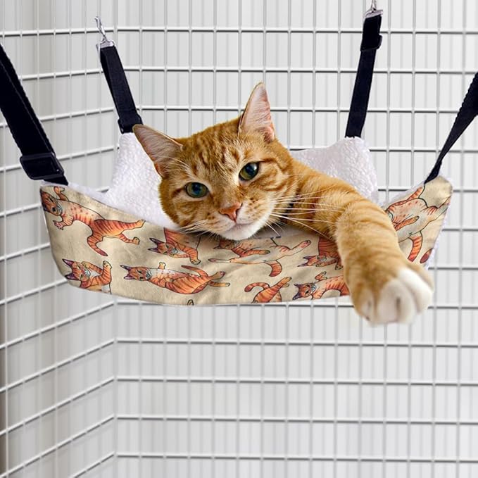 WIRESTER Reversible Cat Hanging Hammock 22.8 x 18.9 Inch, Pet Cage Hammock Bed with Adjustable Straps, Soft Sleeping Hammock for Cat, Ferret, Puppy Dog, Rabbit, Small Animals - Orange Tabby Cat Funny
