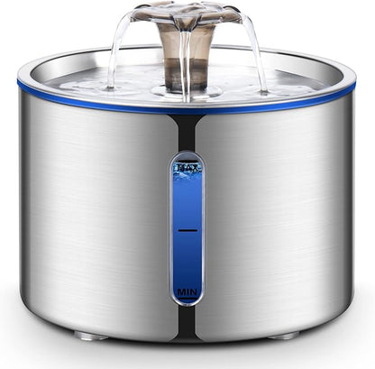 Cat Water Fountain, 84oz/2.5L Stainless Steel Pet Water Fountain for Cats, Dogs and Multiple Pets, Automatic Dog Water Dispenser with Water Level Window, Ultra-Quiet Pump