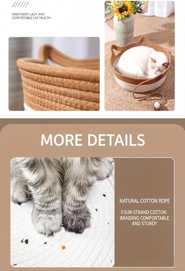 Stimulicat Handwoven Cat Basket – Foldable Cat Hammock with Scratching Area & Interactive Rope Ball – Breathable Pet Bed with Cat Ear Handles – Machine Washable & Portable (White-Pink)