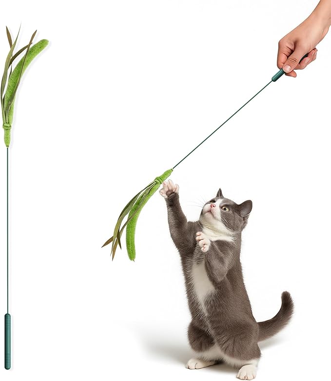 Cat Wand Toy – Cat Toys on a Stick, Interactive Cat Teaser Wand for Indoor Cats, Natural Grass-Inspired Design for Exercise, Hunting, and Bonding