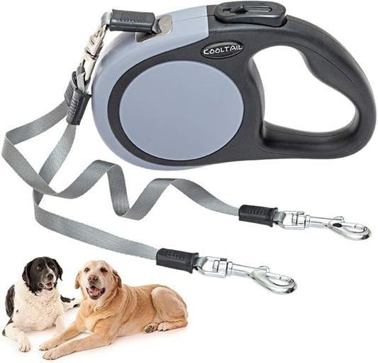 KOOLTAIL Dual Retractable Dog Leash for Two Dogs Up to 110 Lbs, Heavy Duty Double Headed 16 ft Extendable 360° Tangle-Free One Button & Lock Brake Dog Leash for Small Medium Large Dogs Grey