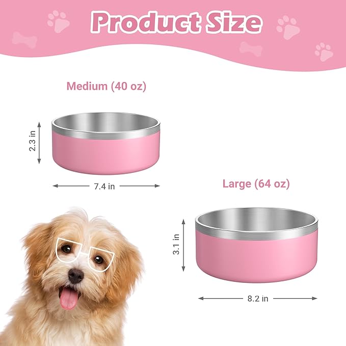 LIANLAI Stainless Steel Dog Bowls, Rust-Resistant Pet Bowls, Non Slip Dog Water Bowl, Versatile Feeding Bowls(Pink，64 oz)