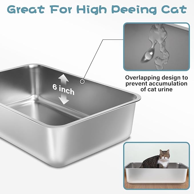 Stainless Steel Litter Box,19.7"x13.7"x6" Large Metal Litter Box for Kitty/Cat, Easy to Clean, Non Stick Litterbox No Smell for Adult Cats