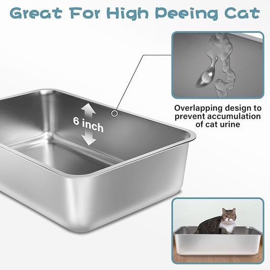 Stainless Steel Litter Box 2 Pack, 23.6“x15.7"x6" Deep Stainless Steel Cat Litter Box Extra Large, XL Metal Litterbox for Big Cats with High Sides, Non Stick Surface, Easy to Clean