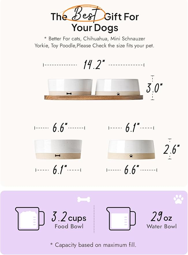 LE TAUCI PET Ceramic Dog Bowls for Medium Small Dogs - 3.2 Cup Medium Dog Food and Water Bowls with Acacia Wood Tray, Dual Food and Water Bowls with Weighted Non-Slip Base
