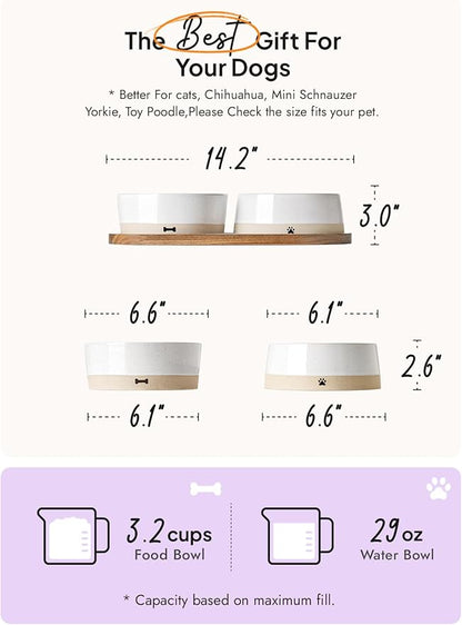 LE TAUCI PET Ceramic Dog Bowls for Medium Small Dogs - 3.2 Cup Medium Dog Food and Water Bowls with Acacia Wood Tray, Dual Food and Water Bowls with Weighted Non-Slip Base
