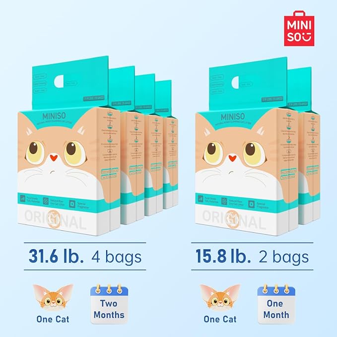 MINISO Clumping Cat Litter, Tofu+Bentonite+Cassava, Odor Control, Rapid Clumping, Water Absorbent and Toilet Flushable, Multi-Cat, Original Style, 31.6lb (4 Pack of 7.9lb Bags)