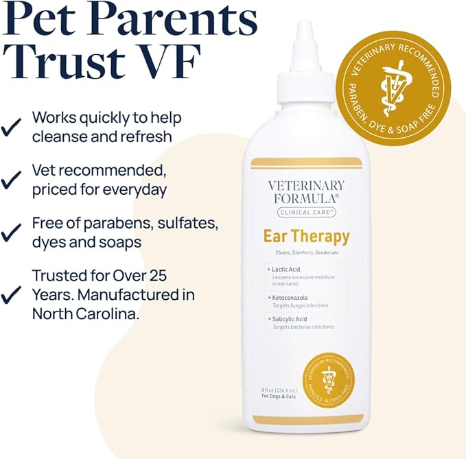 Veterinary Formula Clinical Care Ear Therapy Ear Cleaner for Dogs and Cats, Alcohol Free Pet Ear Cleaning Solution, 2 Pack 8 oz Bottles