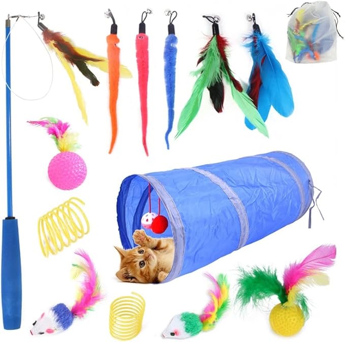 N\C NC LEPOO 14 PCS Cat Toys Kitten Toys Assortments,Variety Catnip Toy Set Including 2 Way Tunnel,Cat Feather Teaser,Catnip Fish,Mice,Colorful Balls and Bells for Cat,Puppy,Kitty