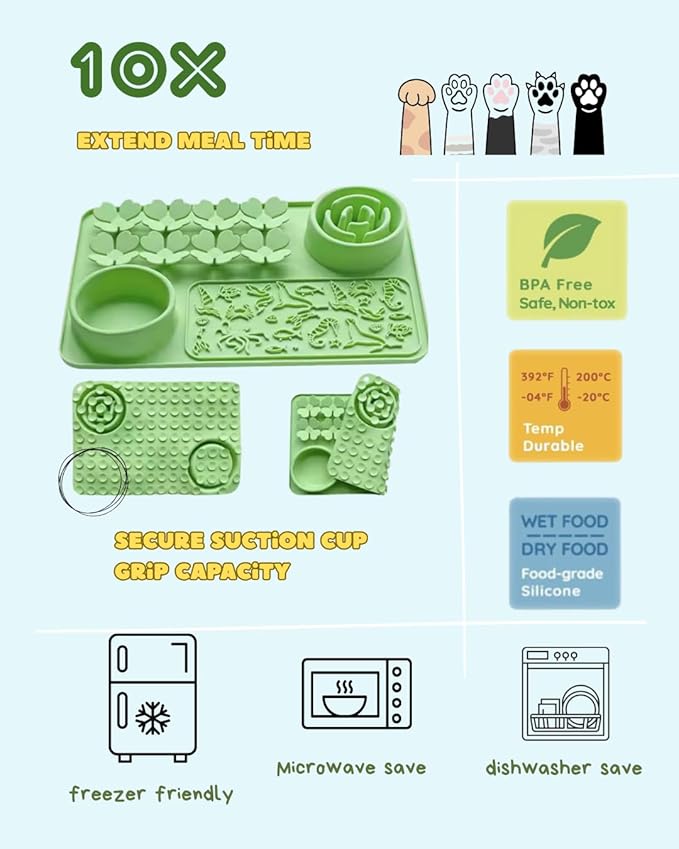 Silicone Lick Mat & Slow Feeder Bowl for Dogs and Cats – Suction Cup Snuffle Mat for Dogs and Cats – Slow Eating, Smell Training, Collapsible Portable Pet Bowl (Green)